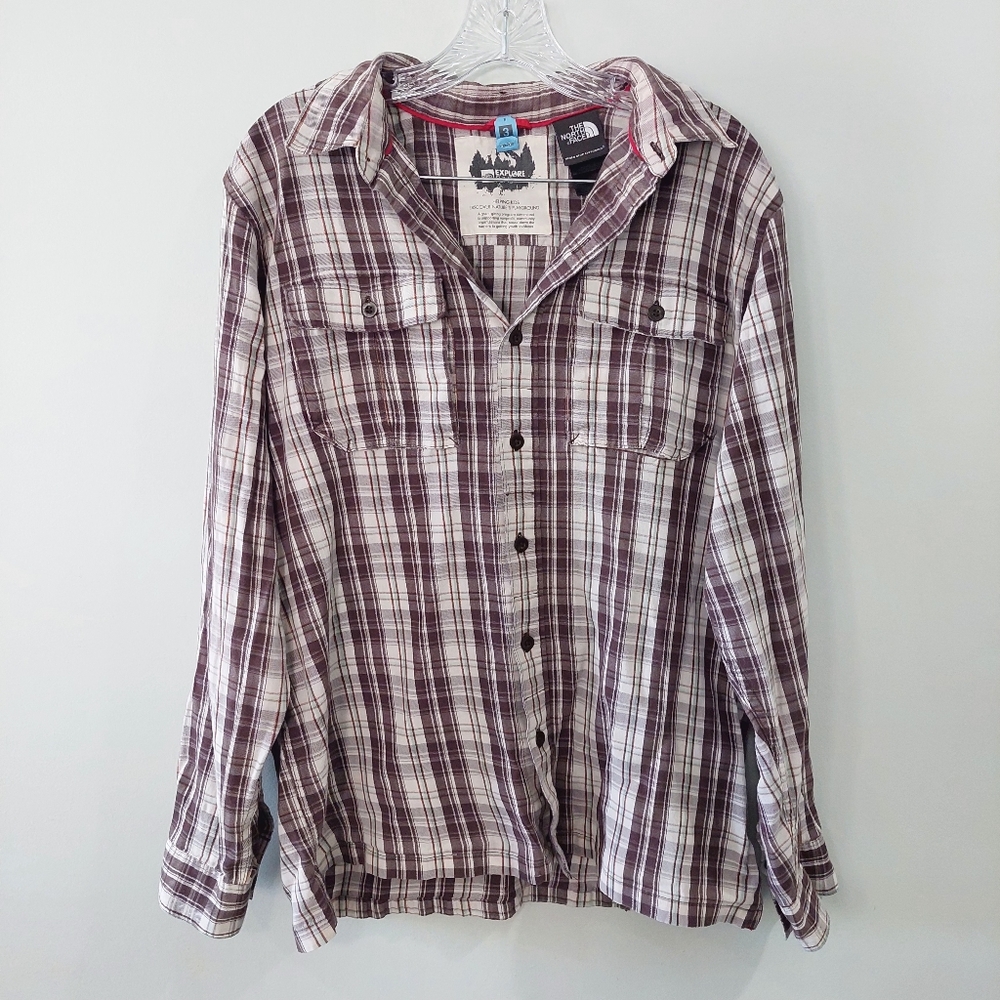 The North Face Men's plaid button-up shirt Large brown beige collar Long Sleeve